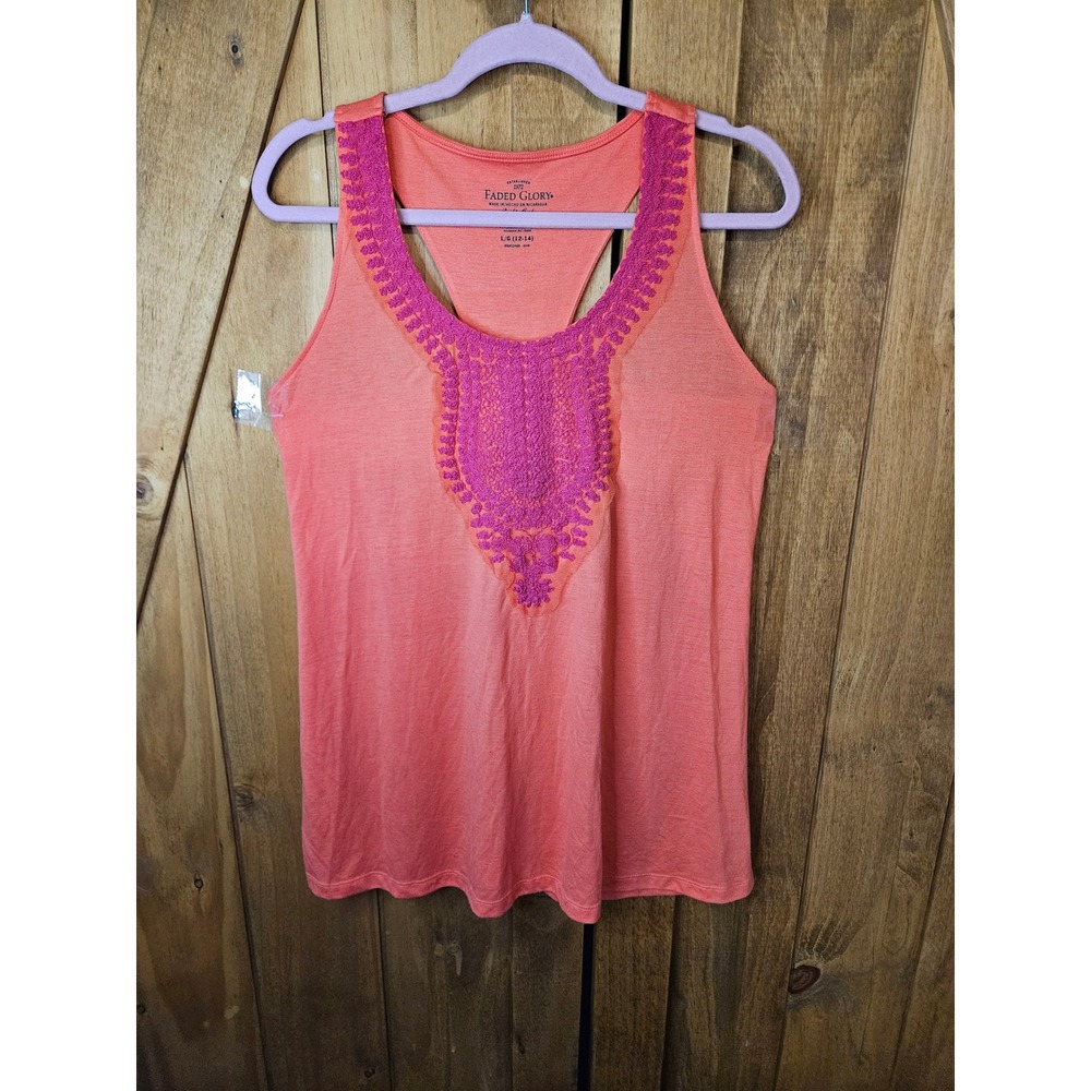 Boho Tank Top Women‎ L Orange Embroidered Racerback A-Line Lagen #628